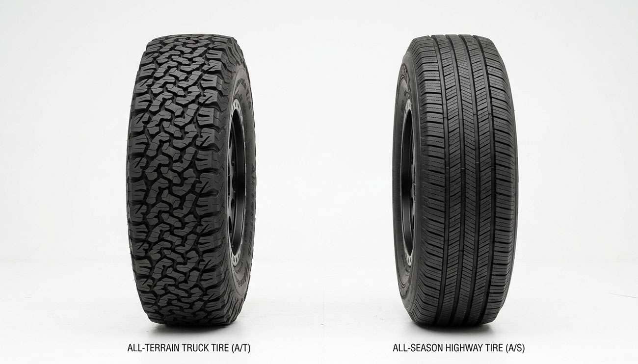All-terrain tire and all-season tire shown side by side for comparison