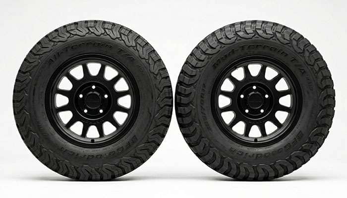 All-terrain and mud-terrain off-road tires shown side by side