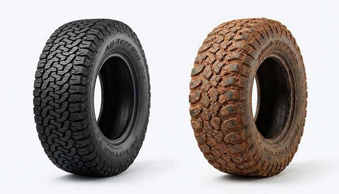 Comparison of clean all-terrain tire versus mud-terrain tire covered in mud on rough ground
