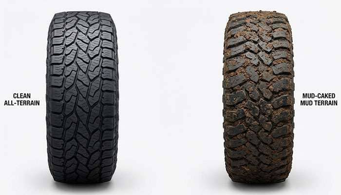 Comparison of clean all-terrain tire and muddy mud-terrain tire side by side for off-road use