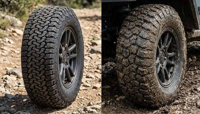 Comparison of clean all-terrain tire and muddy mud-terrain tire side by side on off-road surfaces