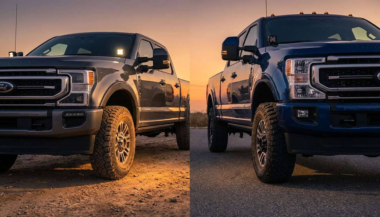 Close-up of two trucks showcasing all terrain tire on dirt and mud tire on pavement at sunset