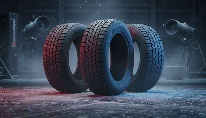 Three all-weather tires standing upright on ice with red and blue lighting highlighting their treads for testing