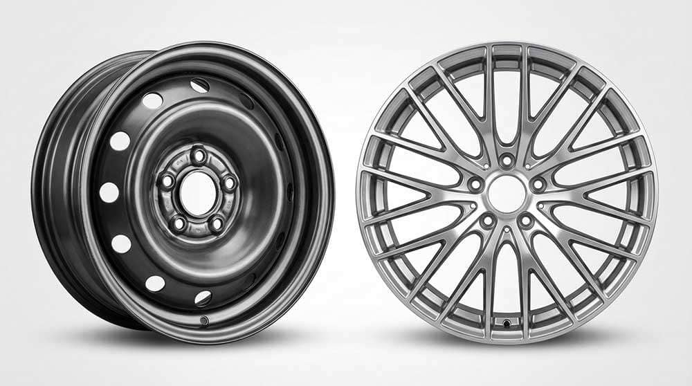 Alloy wheel and steel wheel comparison showing design and construction differences