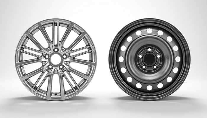 Comparison of alloy wheel and steel wheel with the title Alloy Wheels vs Steel Wheels: How To Choose? on a blue background