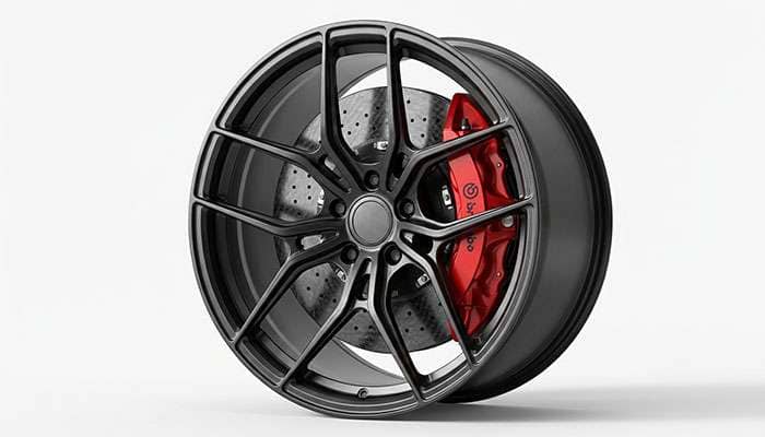 Close-up of a high-performance car wheel showcasing a ventilated brake disk and caliper behind alloy spokes