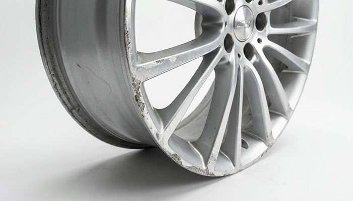 Close-up of a silver alloy wheel with visible curb rash and scratches along the rim edge