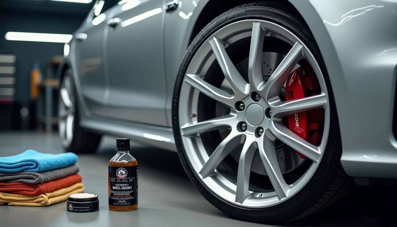 Close-up of a clean silver alloy wheel on a car with wheel cleaner and microfiber towels nearby for maintenance