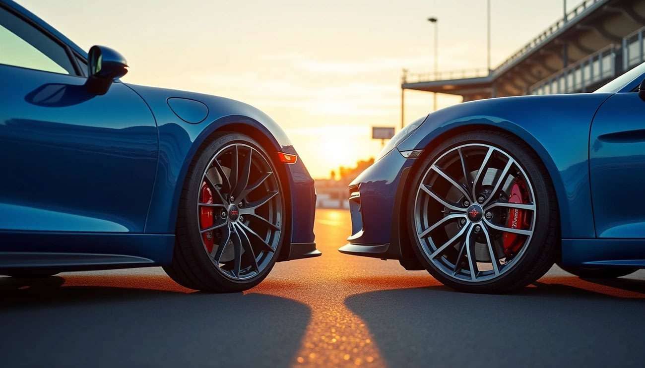 Close-up of two blue sports cars facing each other, highlighting their alloy wheels and red brake calipers at sunset