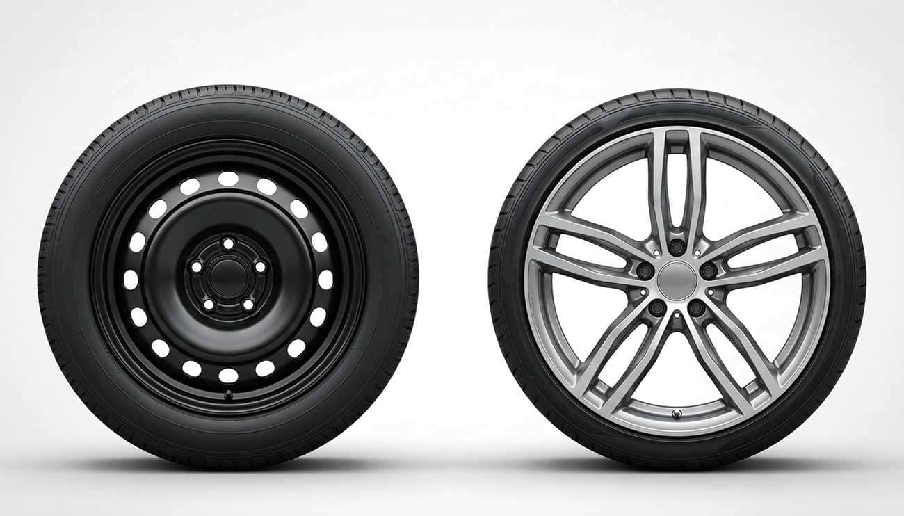 Side-by-side comparison of a simple steel wheel and a stylish multi-spoke alloy wheel on Volkswagen tires
