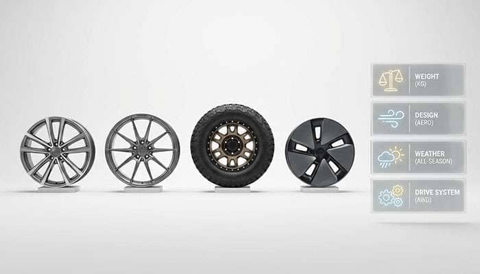 Various car wheel rims displayed beside key performance factors like weight, design, weather use, and drive systems