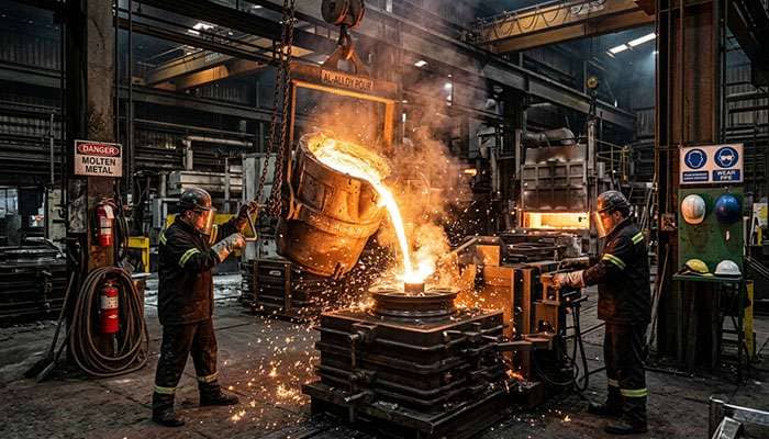 aluminum alloy wheel being cast in a foundry showing the manufacturing process for modern aftermarket wheels