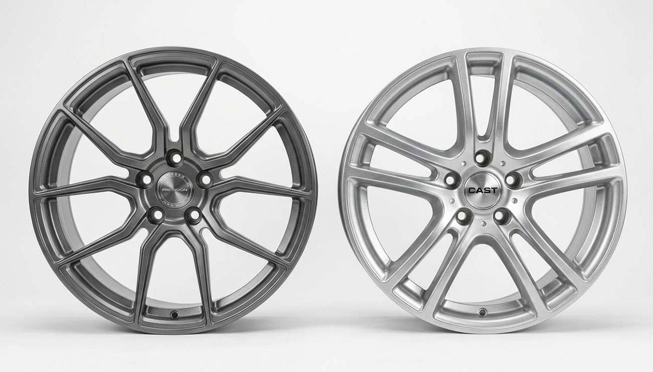 Forged and cast aluminum wheels displayed side by side on a clean white studio backdrop