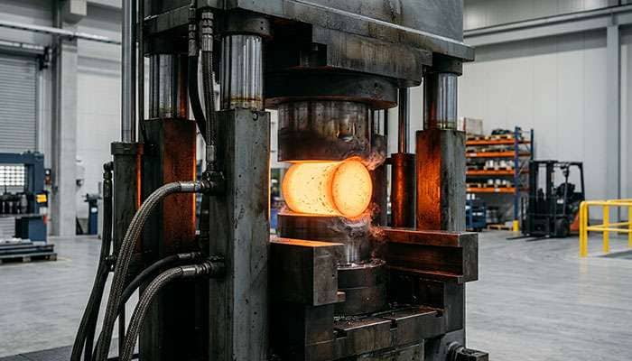 Aluminum billet being pressed under high force during the wheel forging manufacturing process