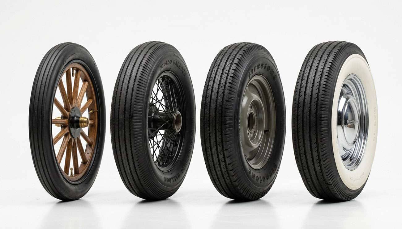 Collection of antique car tires from different eras showing brass era clincher balloon and whitewall styles on a clean studio surface