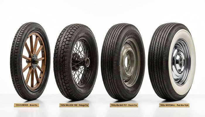 Four antique car tires representing different eras from brass era clincher through post-war whitewall arranged left to right on a clean white surface