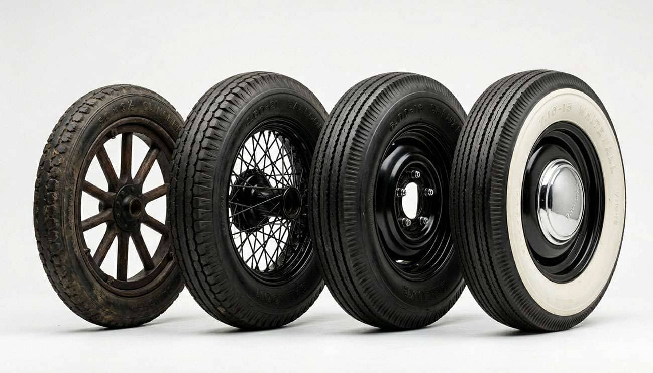 Collection of antique car tires with different vintage size markings on their sidewalls displayed on a clean white studio surface
