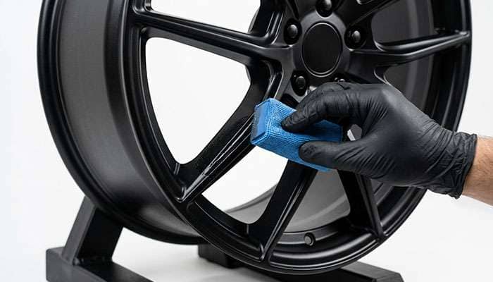 Gloved hand applying ceramic coating to a matte black alloy wheel with an applicator pad