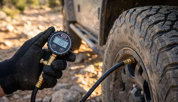 Close-up of a hand holding an ARB E-Z Deflator gauge near a vehicle tire valve to measure tire pressure