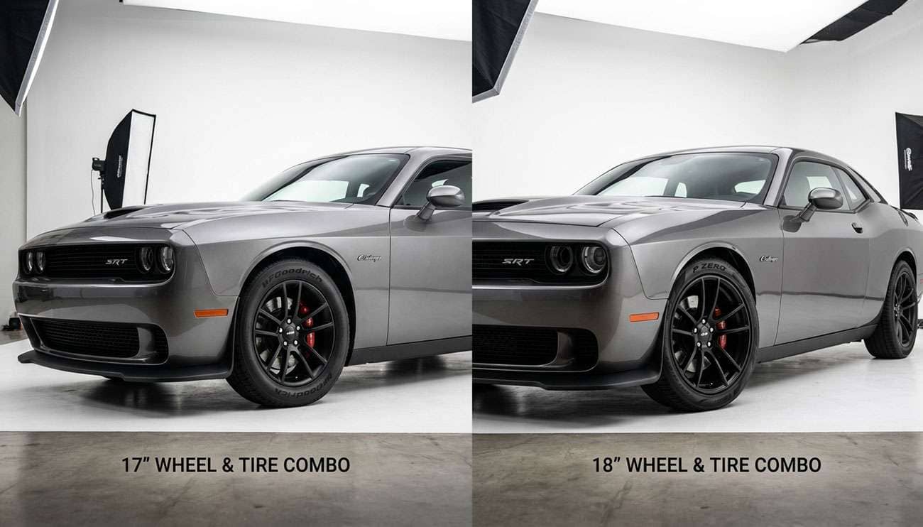 17 inch and 18 inch muscle car wheels comparison showing performance differences