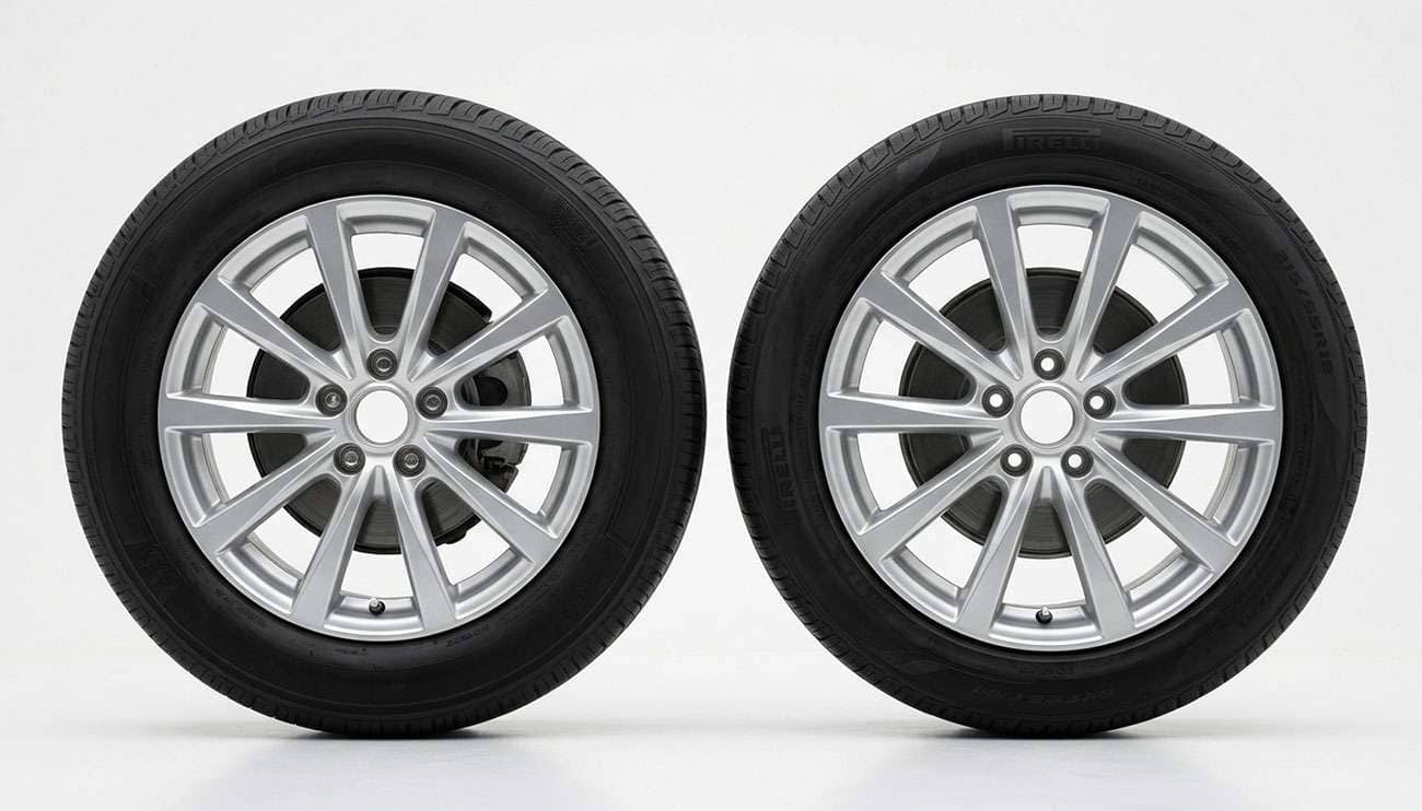 A 16-inch wheel and a 17-inch wheel photographed together for comparison