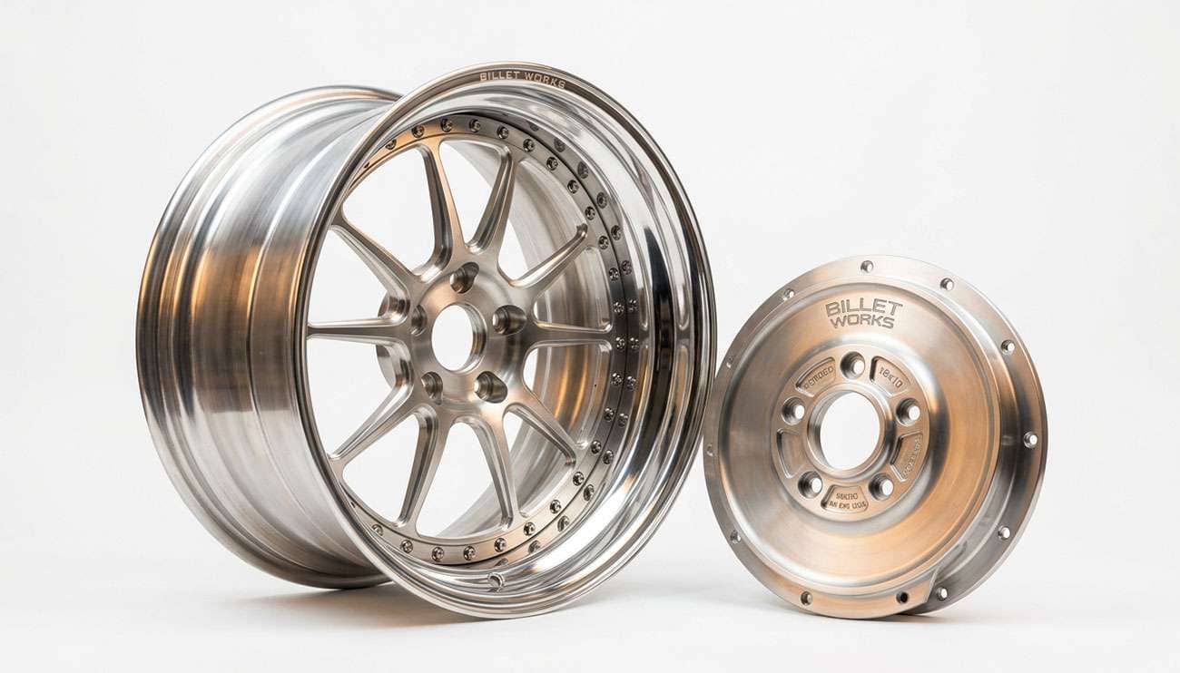 Polished two-piece forged hot rod wheel standing upright beside a machined forged center disc on a clean white background