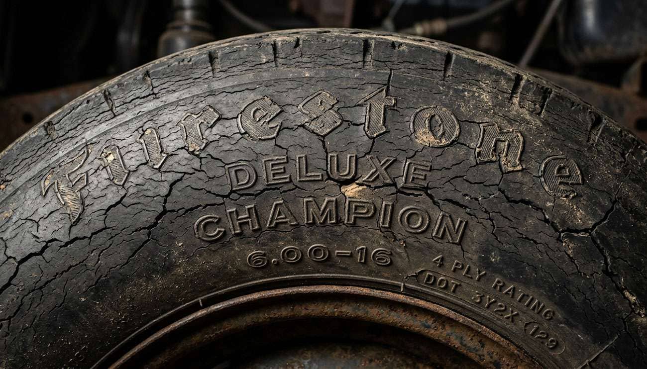 close-up of a cracked and dry-rotted vintage tire sidewall on a classic car showing age-related rubber deterioration