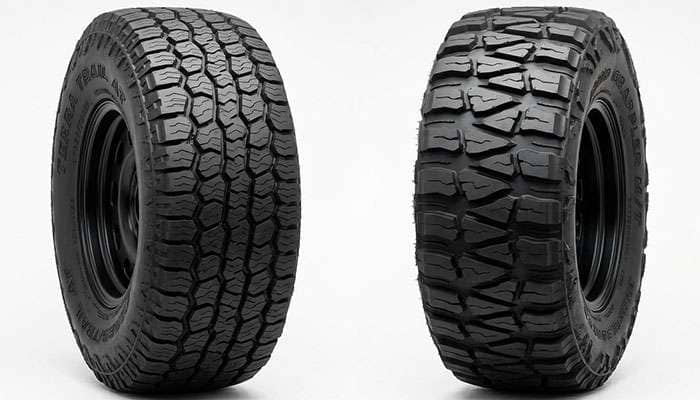 Side-by-side close-up comparison of an all-terrain tire tread pattern next to a mud-terrain tire tread pattern showing the difference in void ratio and lug spacing on a clean white studio backdrop