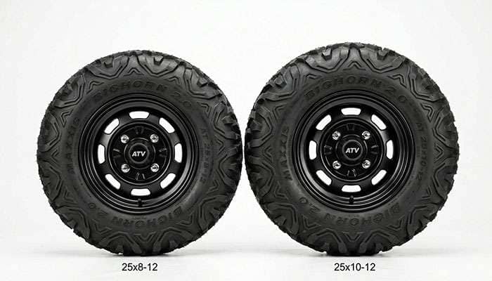 Two ATV wheels side by side showing the narrower front wheel and wider rear wheel staggered setup on a clean white surface