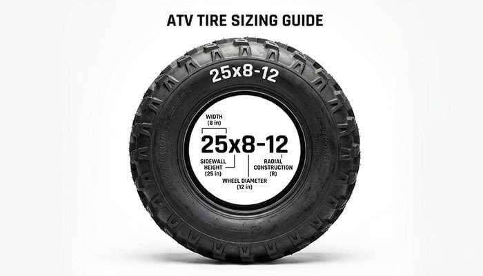 Diagram explaining ATV tire sizing with width, sidewall height, radial construction, and wheel diameter details