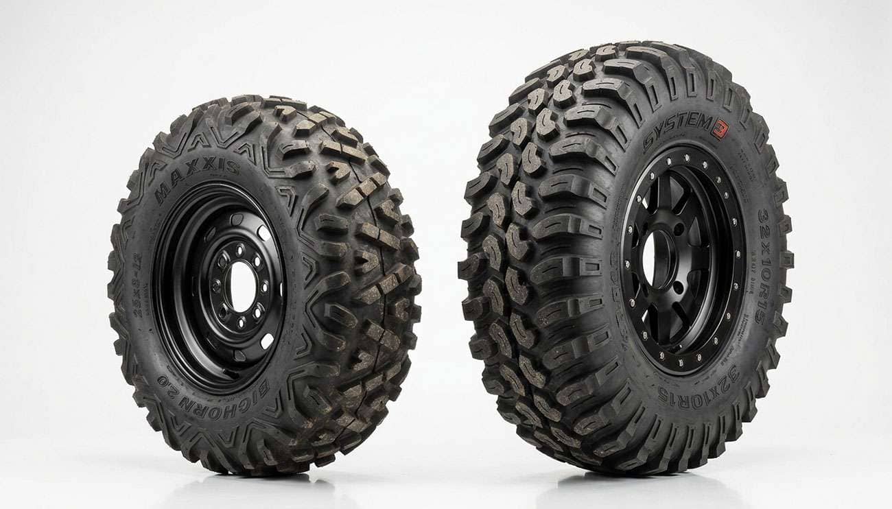 An ATV quad and a UTV side-by-side parked next to each other in a garage showing their tires