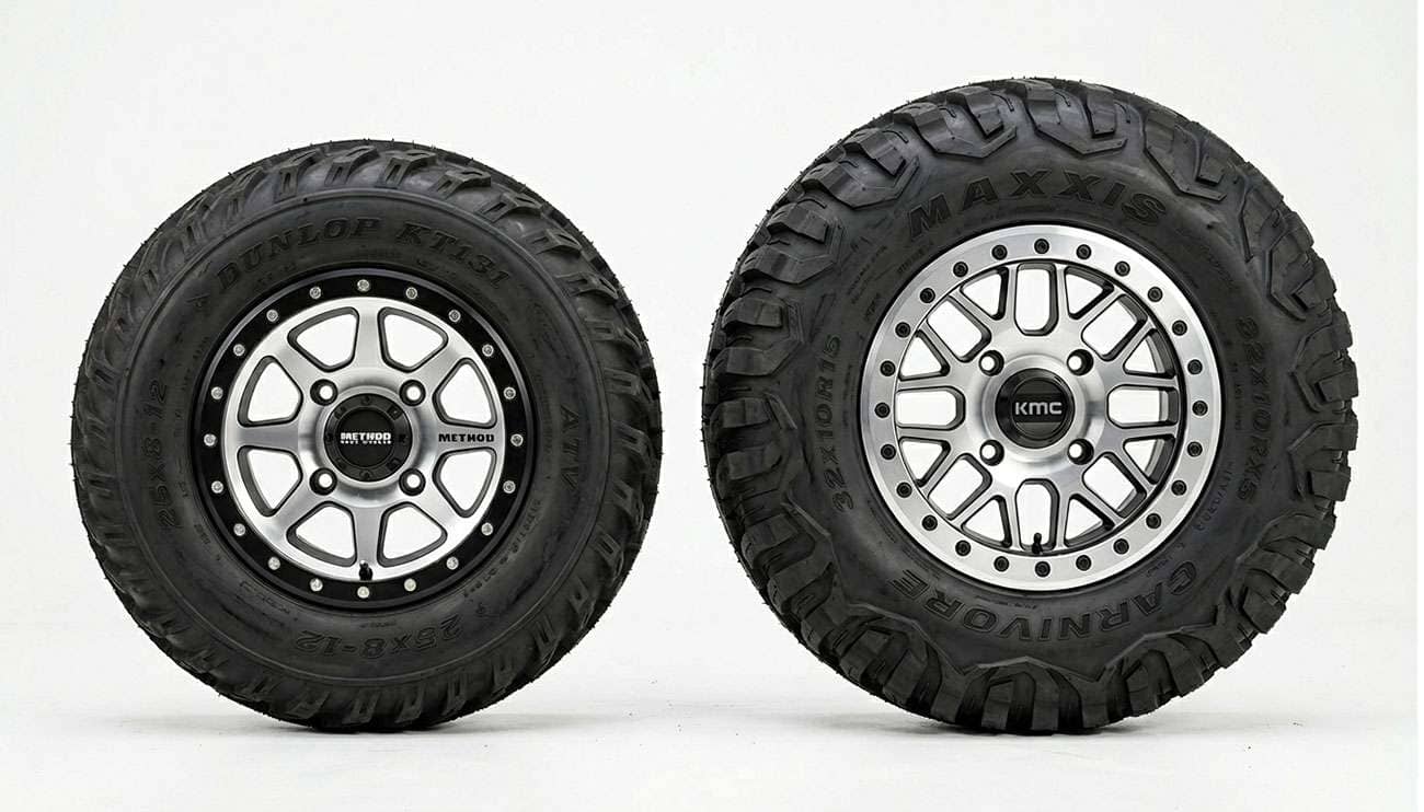 An ATV wheel and a UTV wheel positioned side by side for fitment comparison