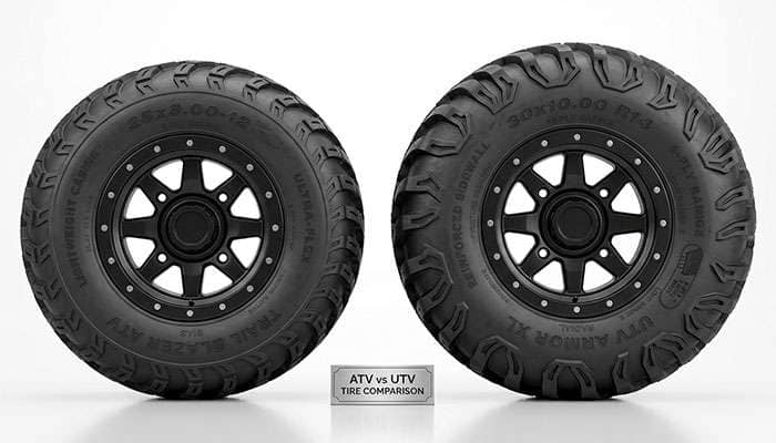 ATV tire and UTV tire shown side by side comparing size and sidewall construction
