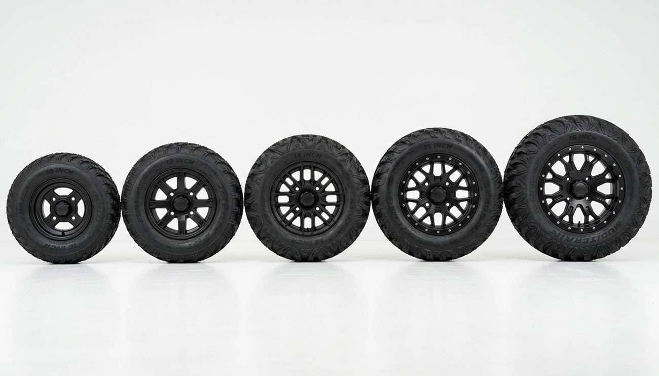 Collection of ATV wheels in different sizes from 10 inch to 15 inch showing the size progression on a clean white studio surface