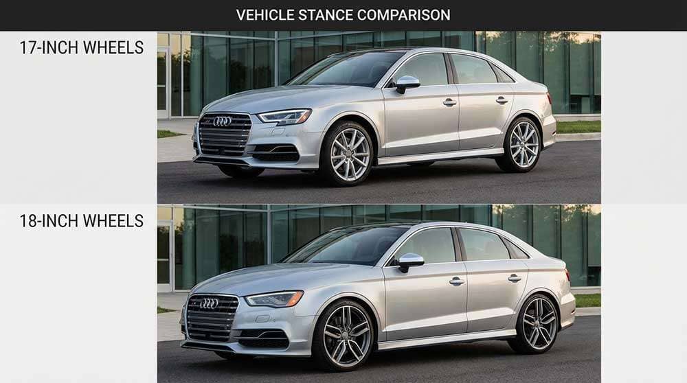 Side-by-side comparison of silver Audi S3 with 17 inch wheels versus 18 inch wheels showing stance difference
