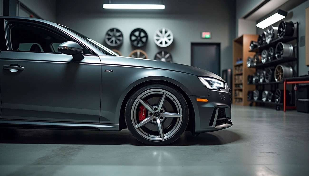 Side view of a matte gray Audi S4 with aftermarket wheels in a garage with various wheel displays