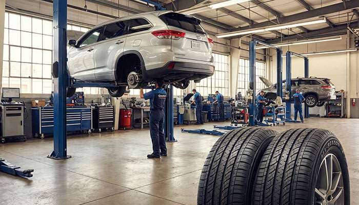 Two tires in front of a silver SUV being repaired inside a busy auto repair shop with mechanics working in the background