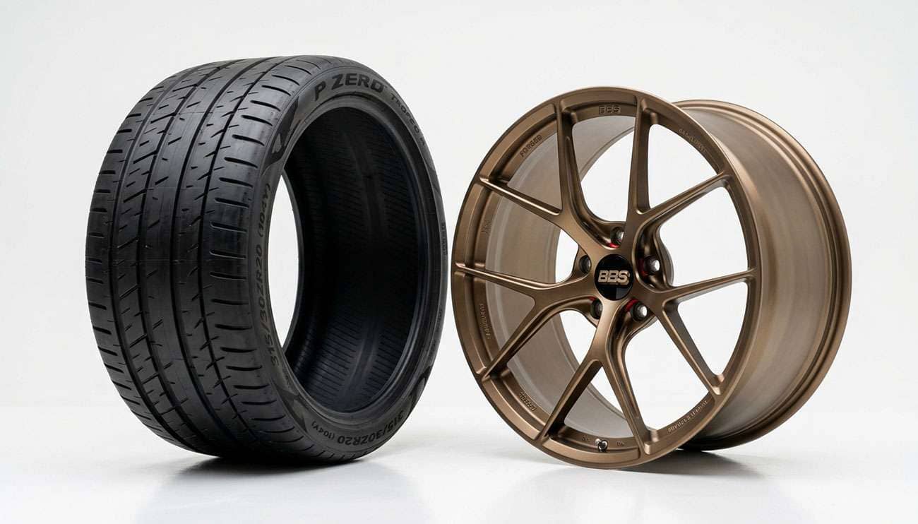 Performance tire and lightweight racing wheel studio display