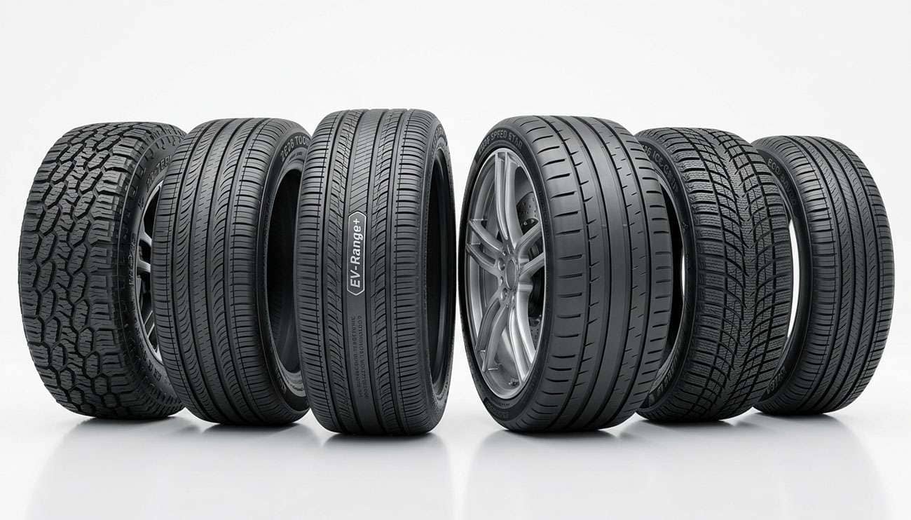Lineup of modern 2026 performance and EV tires arranged in a studio