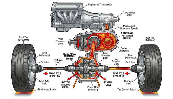 Cutaway technical diagram of an all-wheel drive vehicle's center differential and transfer case showing how mismatched tire diameters create rotational stress on internal components
