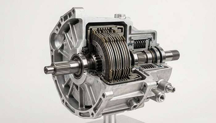 Cutaway of an AWD multi-plate clutch coupling that connects the front and rear axles