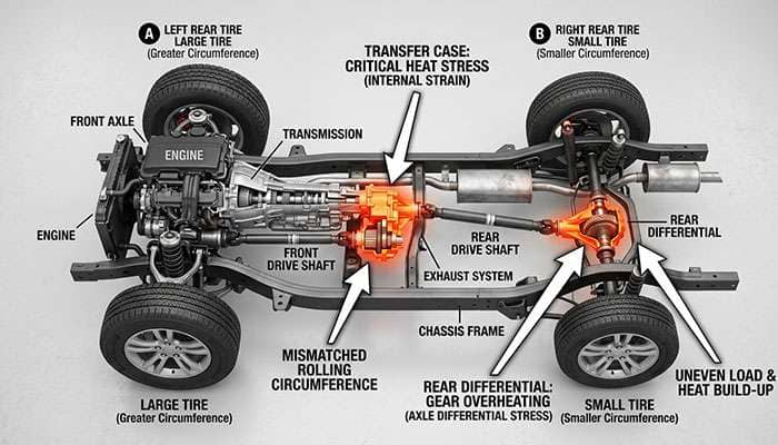 diagram showing how mismatched tire diameters on an AWD vehicle cause drivetrain stress in the differential and transfer case