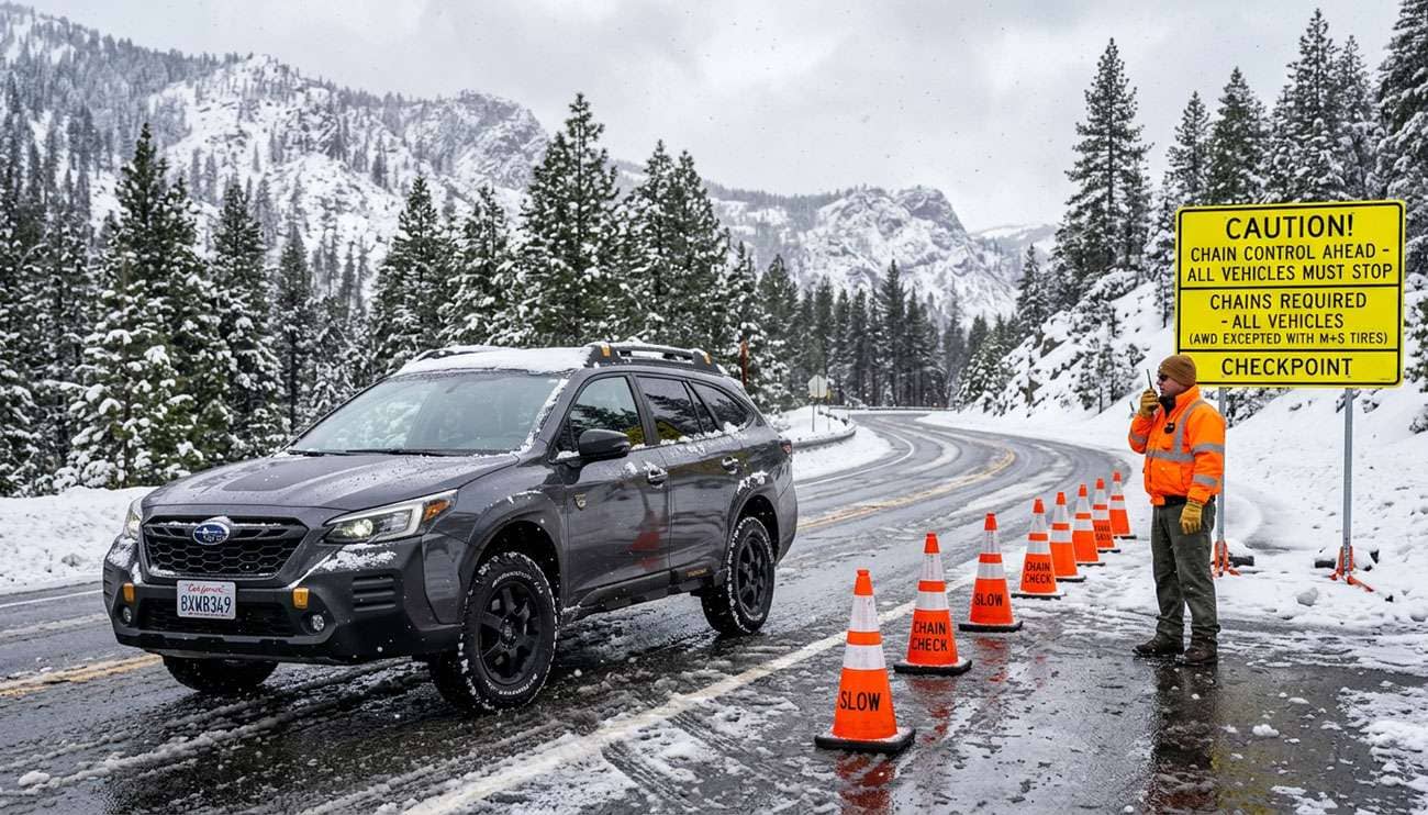 AWD SUV with snow-tread tires stopped at a California chain control checkpoint on a snowy mountain highway