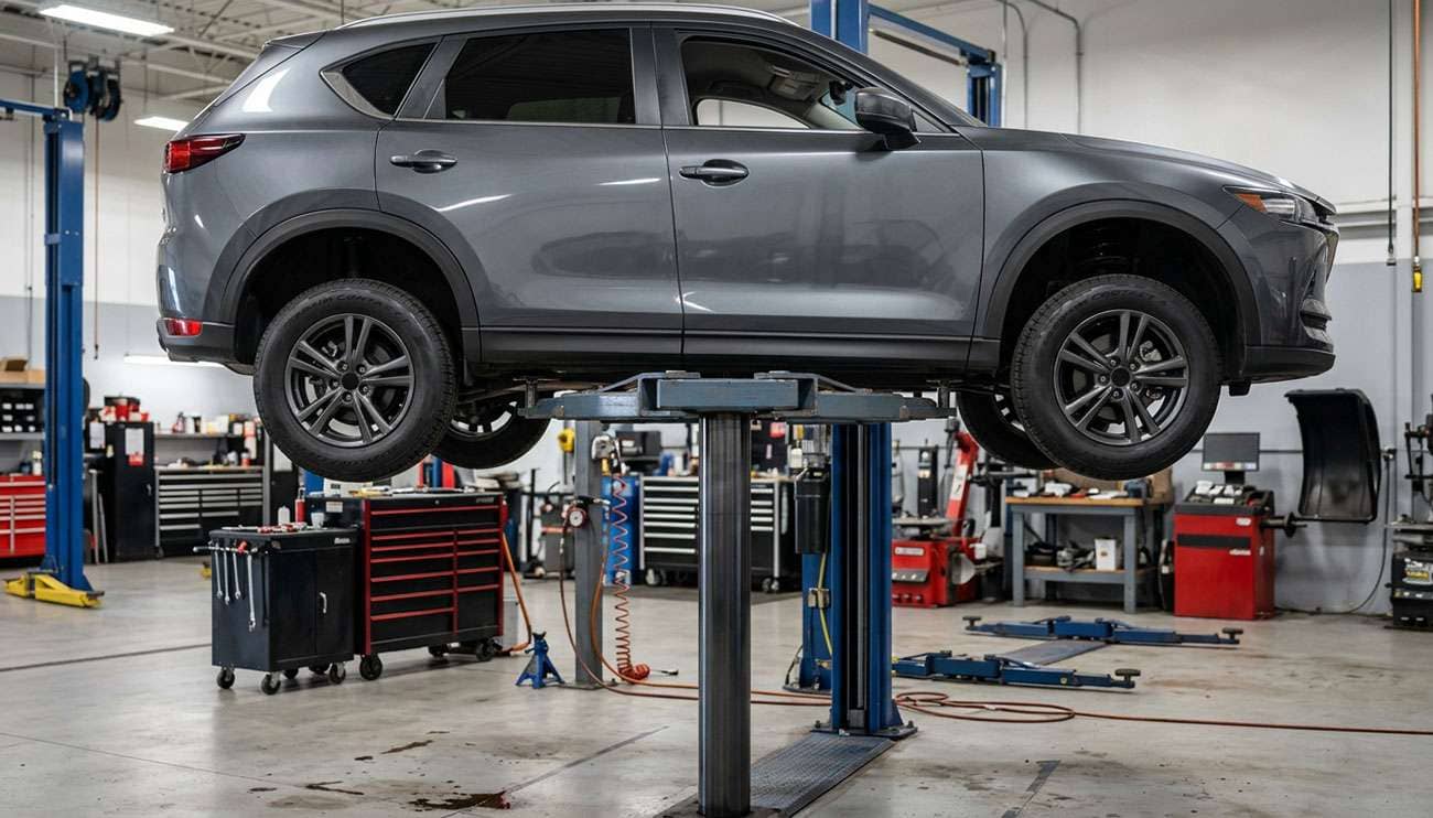 All-wheel drive vehicle in professional shop showing all four tires aligned for matched tread depth inspection