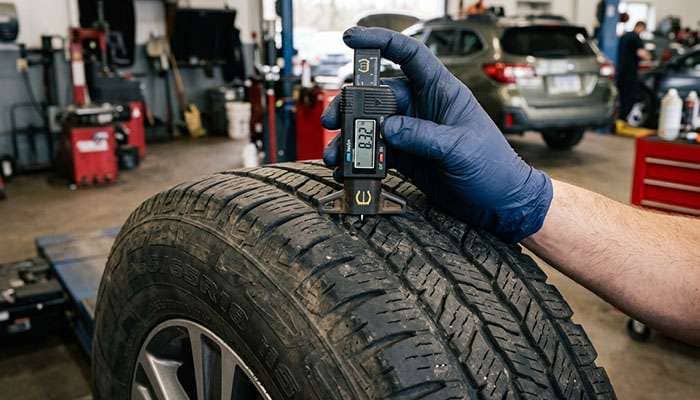 Tread depth gauge measuring tire tread depth on AWD vehicle showing precision measurement required for AWD applications