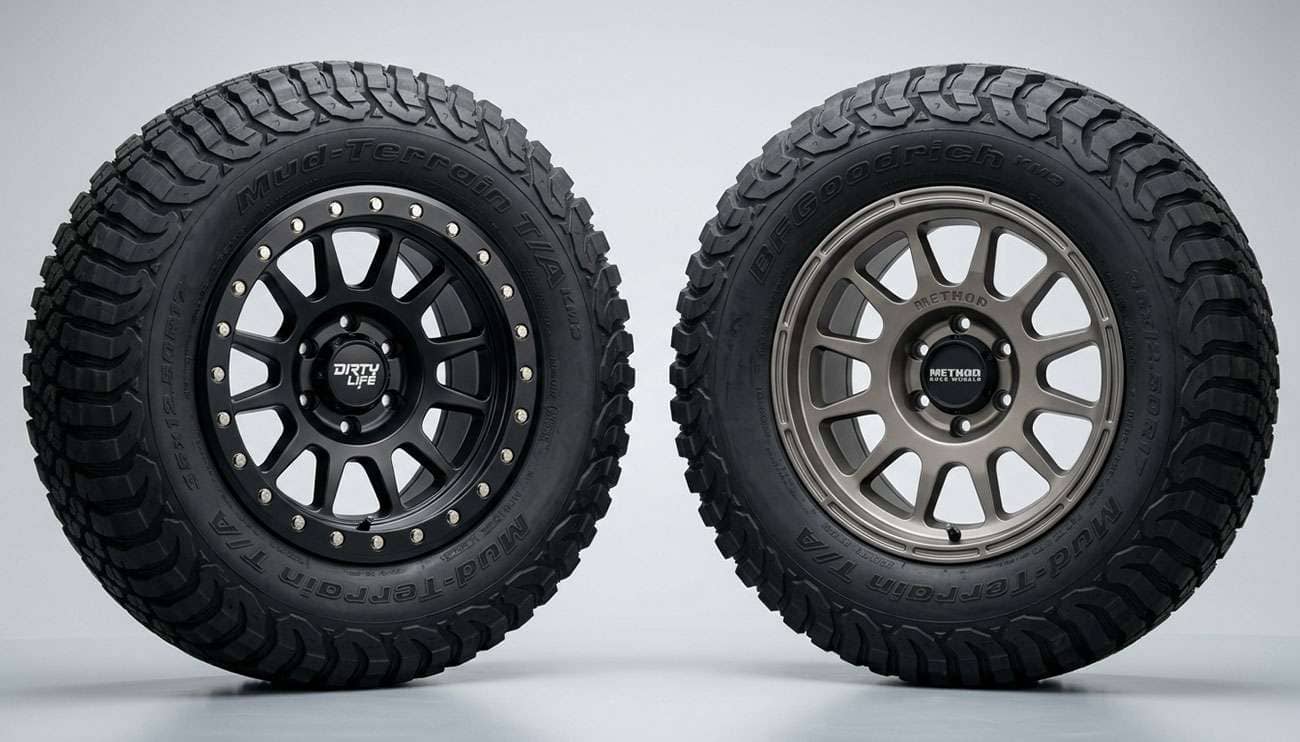 Beadlock wheel with bolted ring next to a Bead Grip wheel showing machined inner grooves