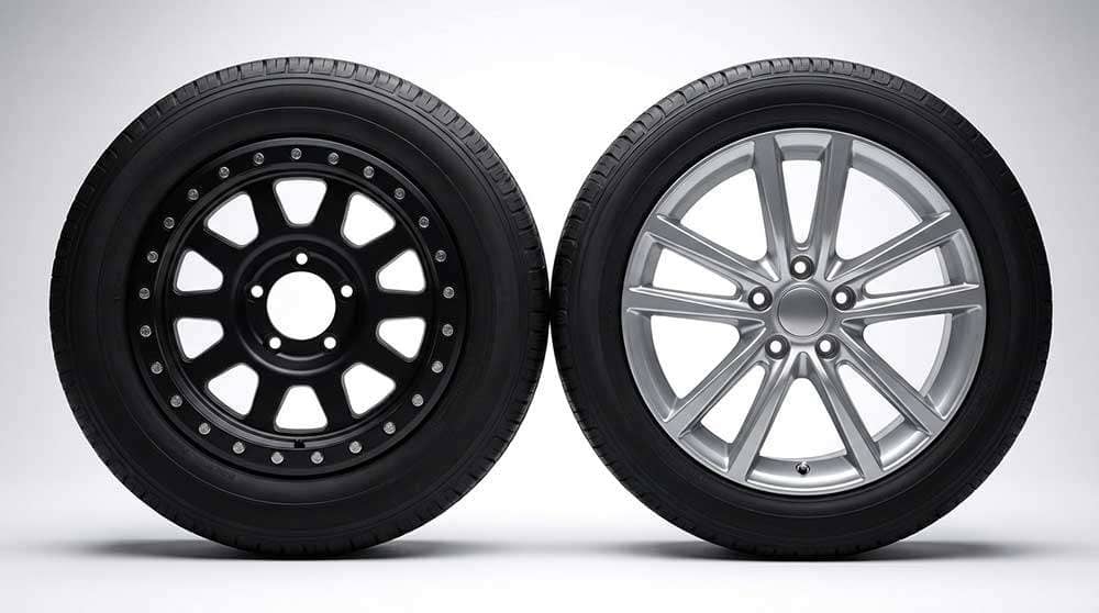 Side-by-side comparison of a beadlock wheel with exposed bolted ring next to a standard black alloy wheel