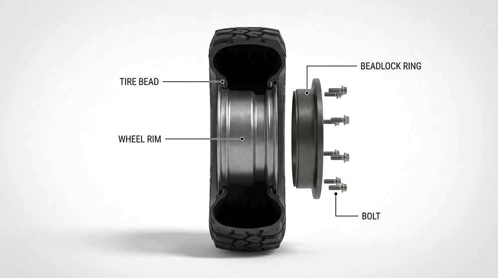 Diagram showing the assembly of a beadlock wheel with labeled tire, wheel, beadlock ring, and assembly bolts