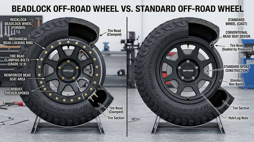 Cutaway view of beadlock wheel showing reinforced bead seat and locking ring mechanism compared to standard wheel