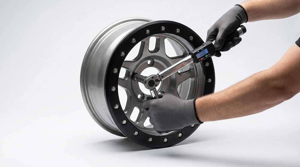 Hands using torque wrench to tighten bolts on beadlock wheel ring in proper sequence pattern